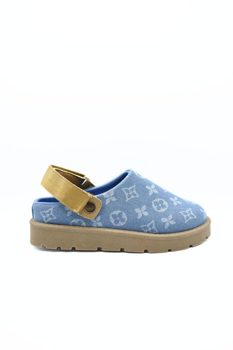 Printed sling-back platform clog, blue monogram print with tan strap, low platform sole