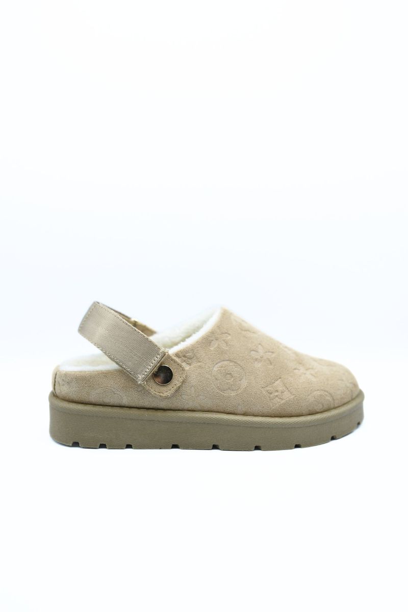 Beige printed sling-back clog with adjustable ankle strap and platform tread.