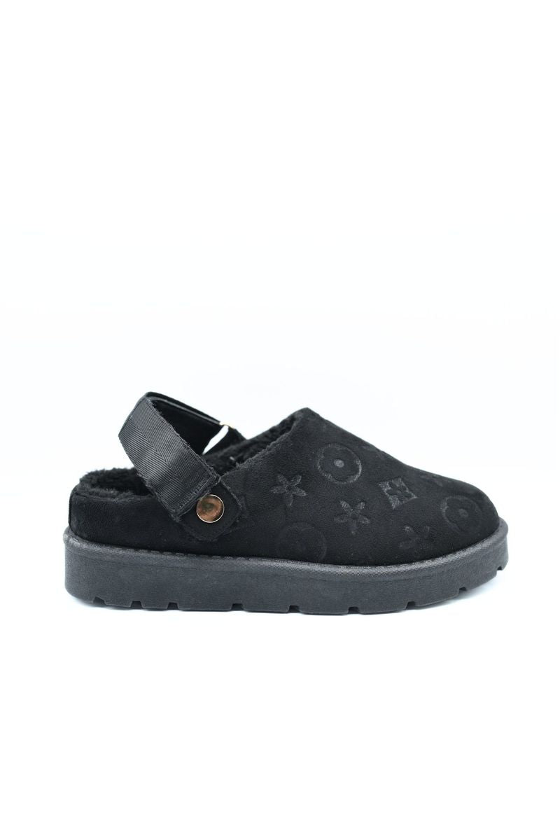Printed sling-back platform clog, black monogram print with adjustable strap and round button