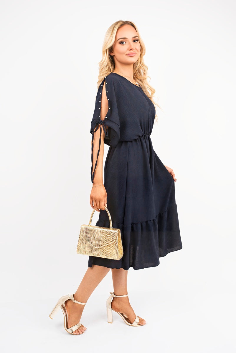 Navy round-neck midi dress with short tie sleeves and tiered skirt detail