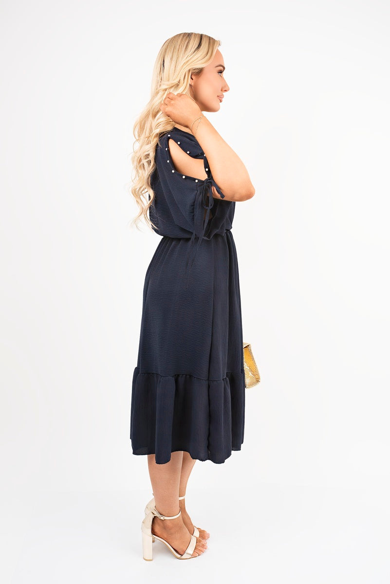 Navy round-neck midi dress, tiered design with tie-sleeve accents, side view
