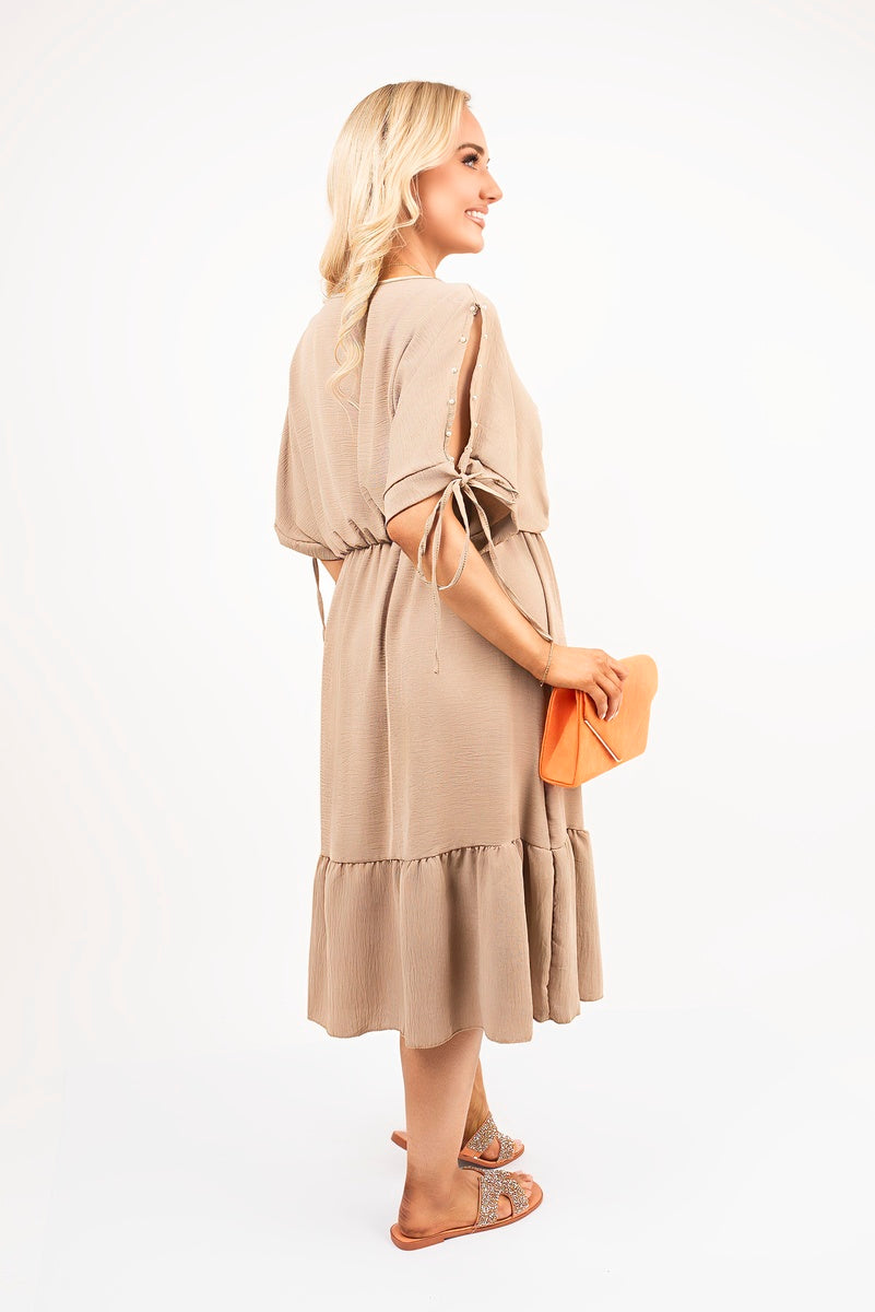 Mocha round-neck midi dress with tie sleeves and tiered ruffle hem, back view