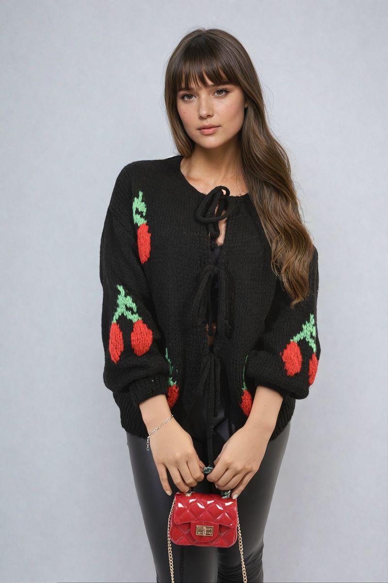 Tie Front Cherry Print Knitted Cardigan