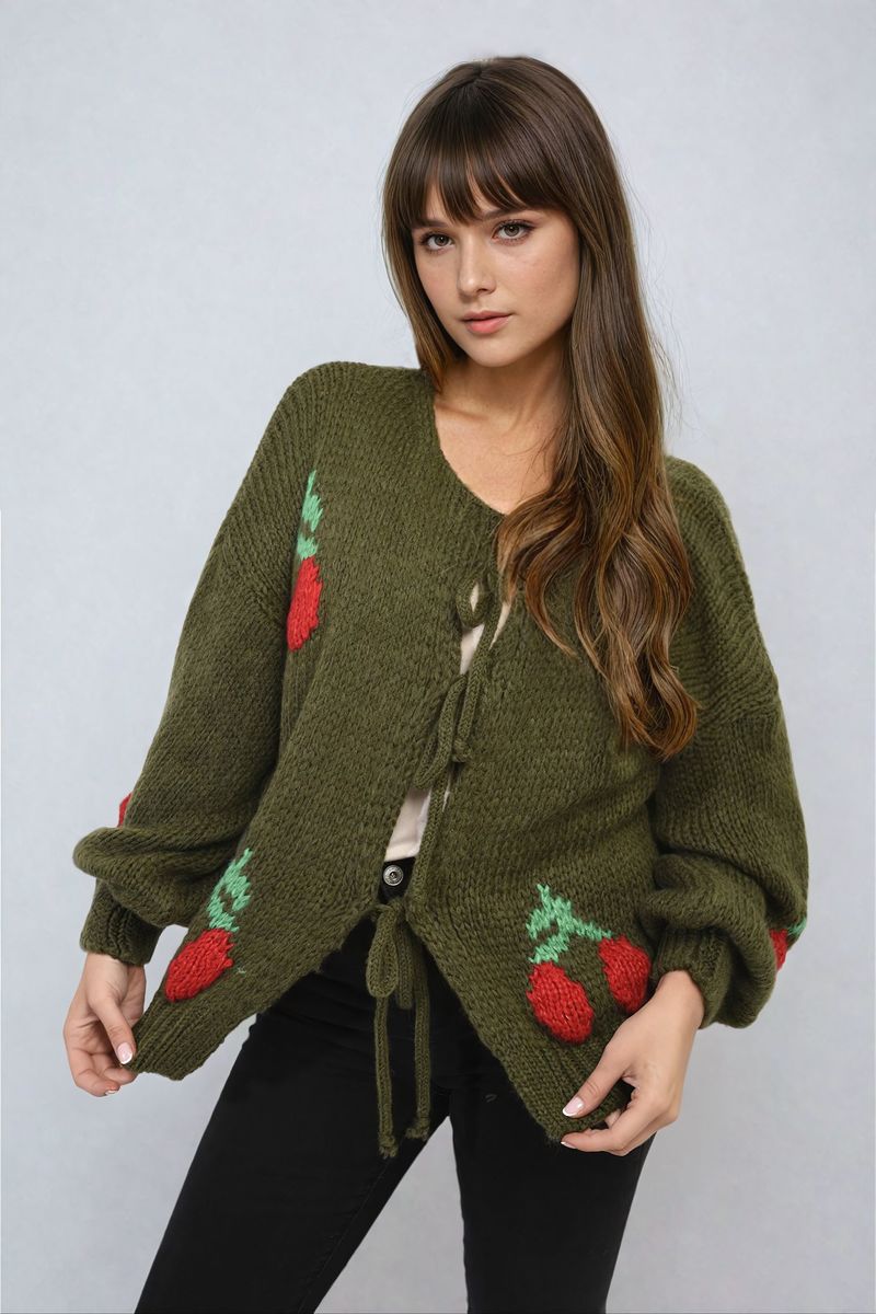 Tie Front Cherry Print Knitted Cardigan