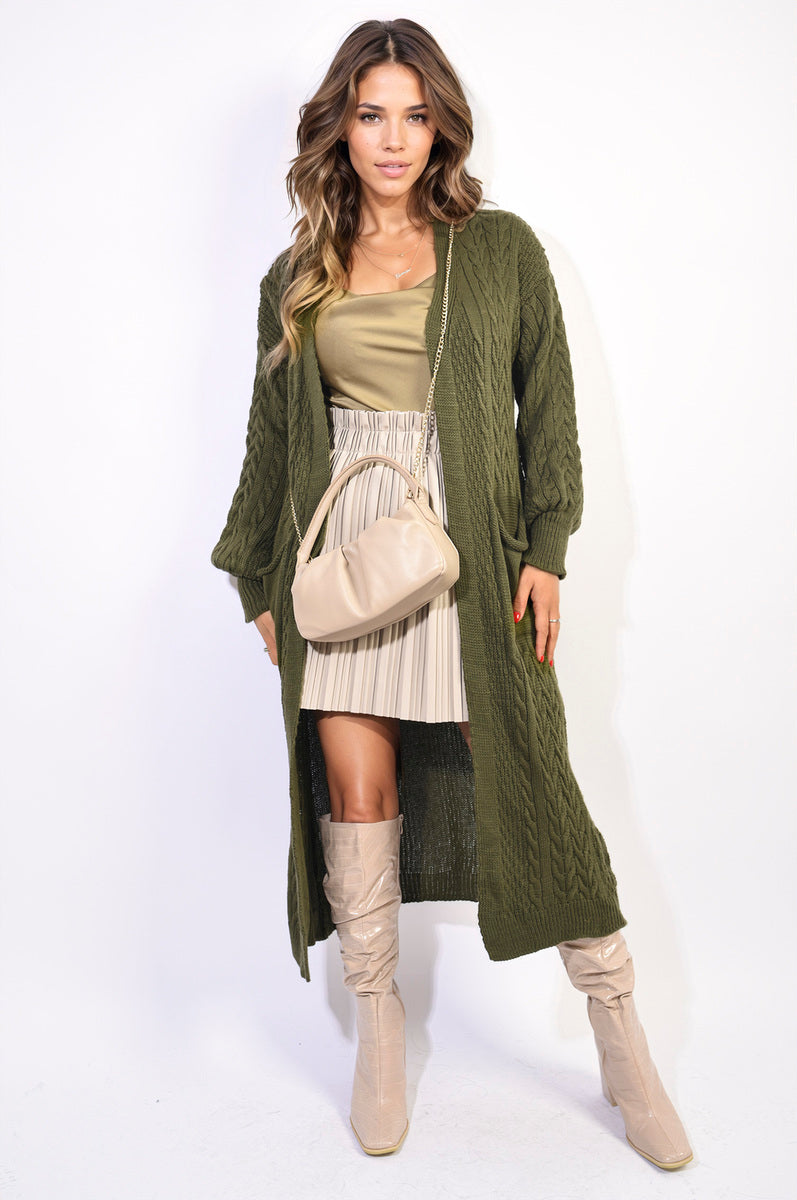 Front Open Long Knitted Cardigan with Front Pockets