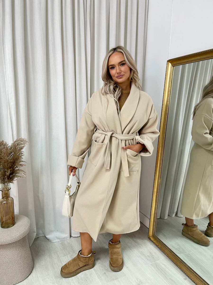 "Waist Belt Longline Coat Jacket with Pocket in beige, featuring a sleek design and flattering waist belt."