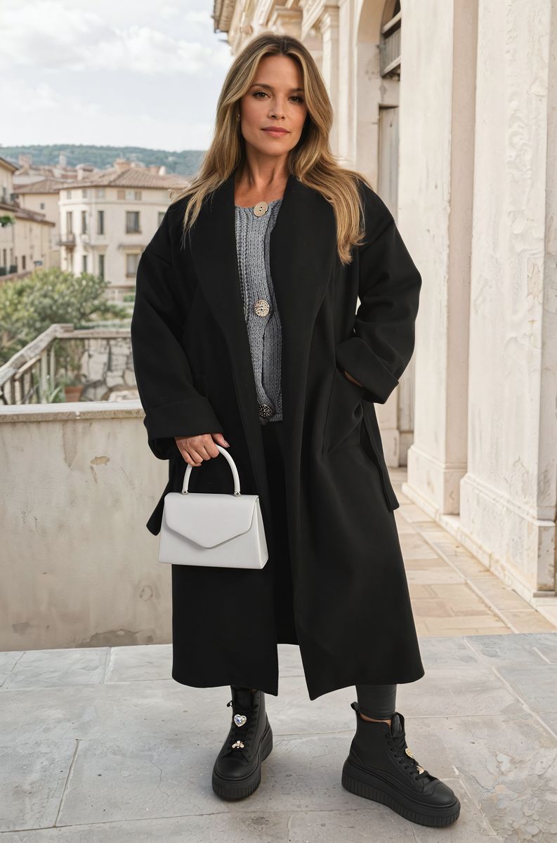 "Waist Belt Longline Coat Jacket with Pocket in beige, featuring a sleek design and flattering waist belt."
