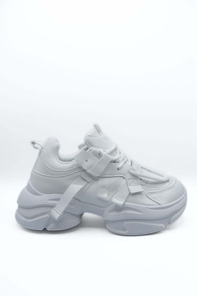 White lace-up platform chunky trainers, paired side-by-side