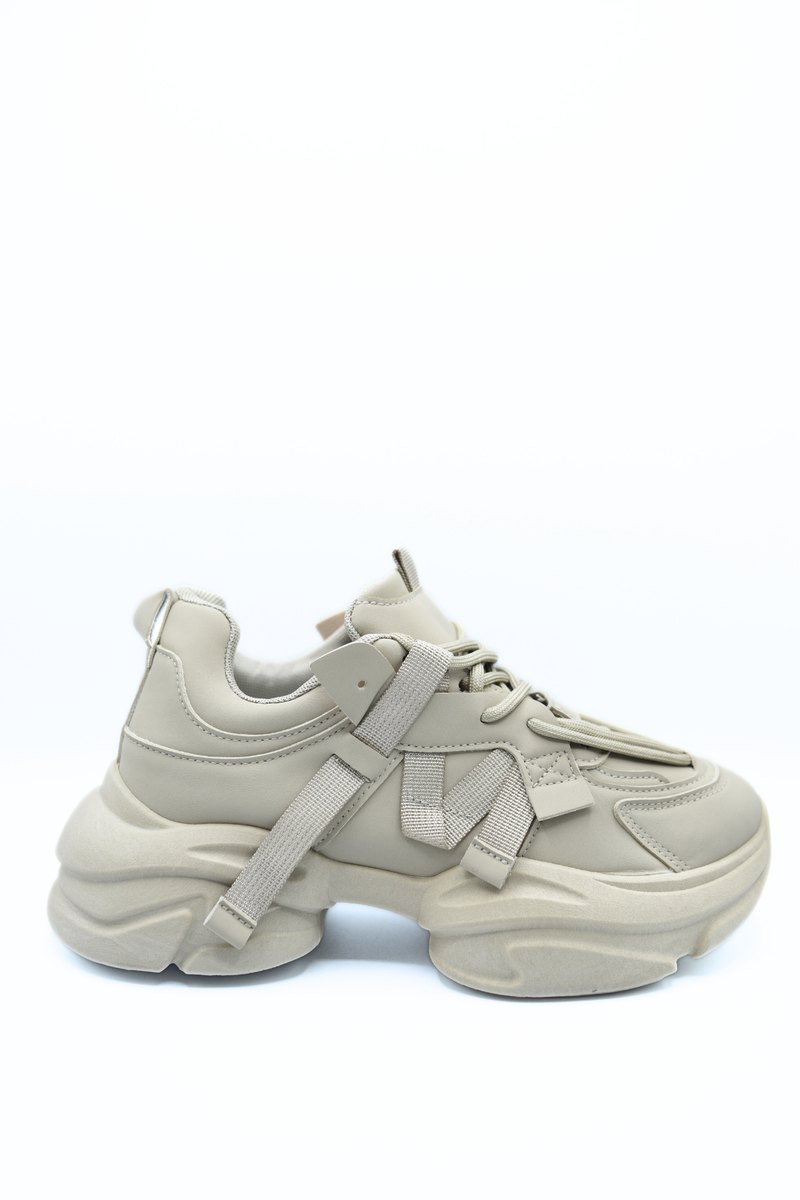 Khaki lace-up platform chunky trainers, side view with platform sole
