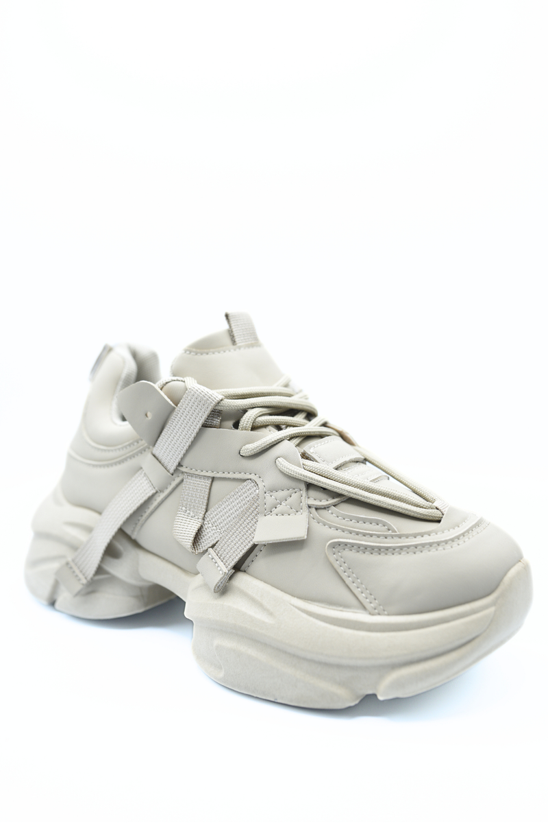 White platform lace-up chunky trainers with thick sole and padded tongue