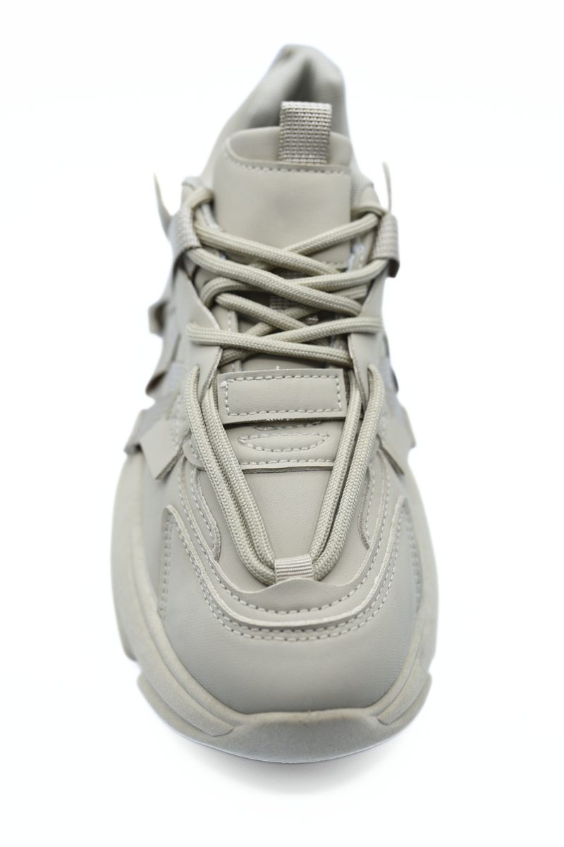 Khaki lace-up platform chunky trainers, close-up of lace and tongue
