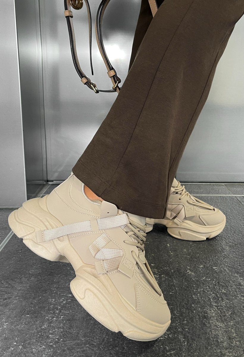 Khaki lace-up platform chunky trainers with thick ridged sole