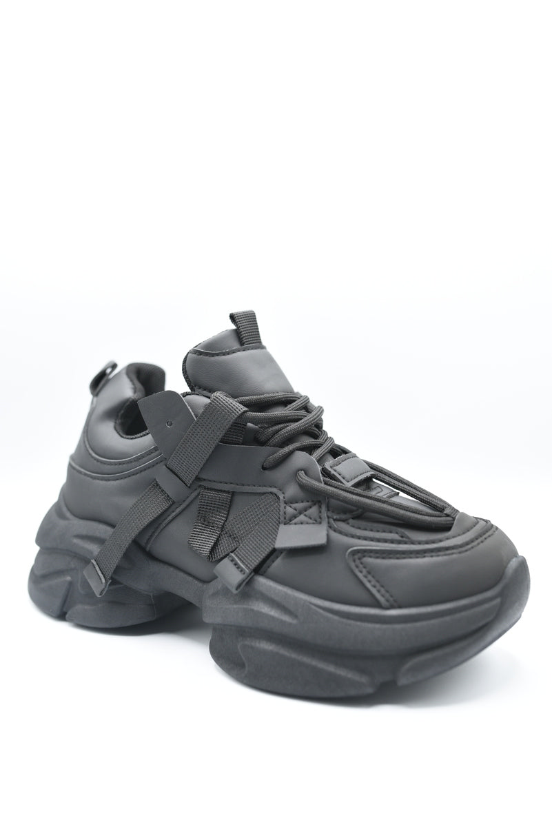 Dark gray platform lace-up chunky trainers with cross-strap detailing and thick sole