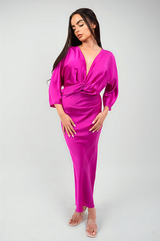 Magenta V-neck twist-front midi dress with 3/4 sleeves and fitted waist.