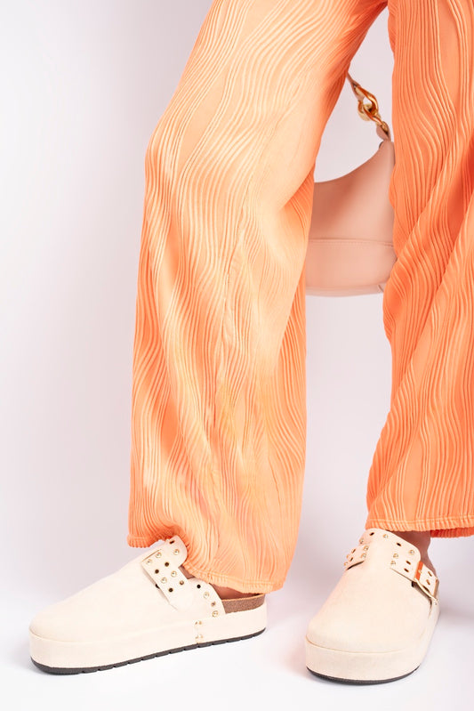 Studded buckle slip-on sandals, cream uppers with perforated studs and double strap buckles