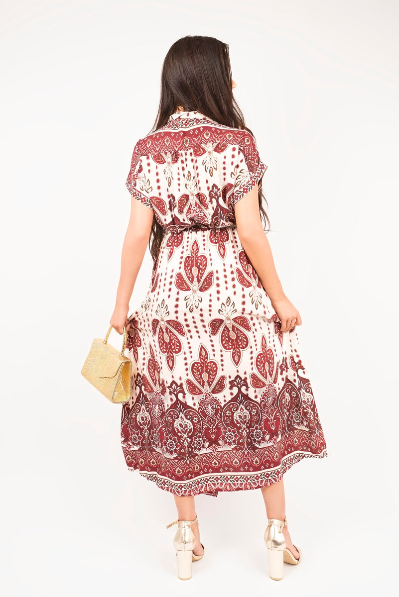 Collared Short Sleeve Midi Dress with Tie Waist