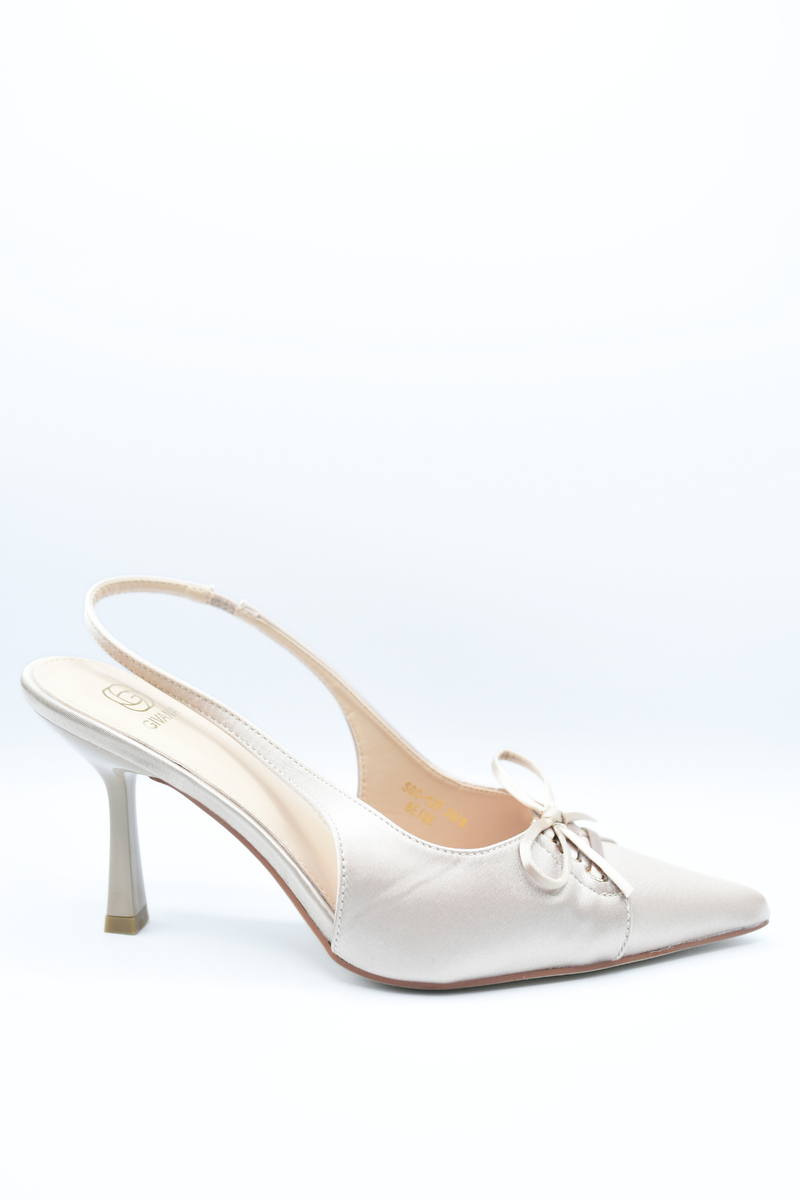 Cream satin sling-back pointed high-heel with bow at ankle strap
