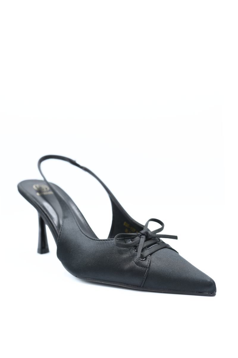 Sling back high heel with pointed toe, bow-knot detail, and slim stiletto heel