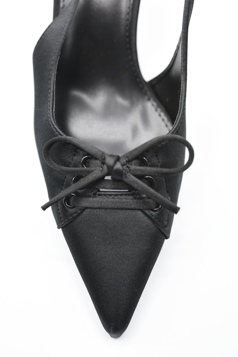 Sling back pointed toe high heel with bow-knot detail on the vamp