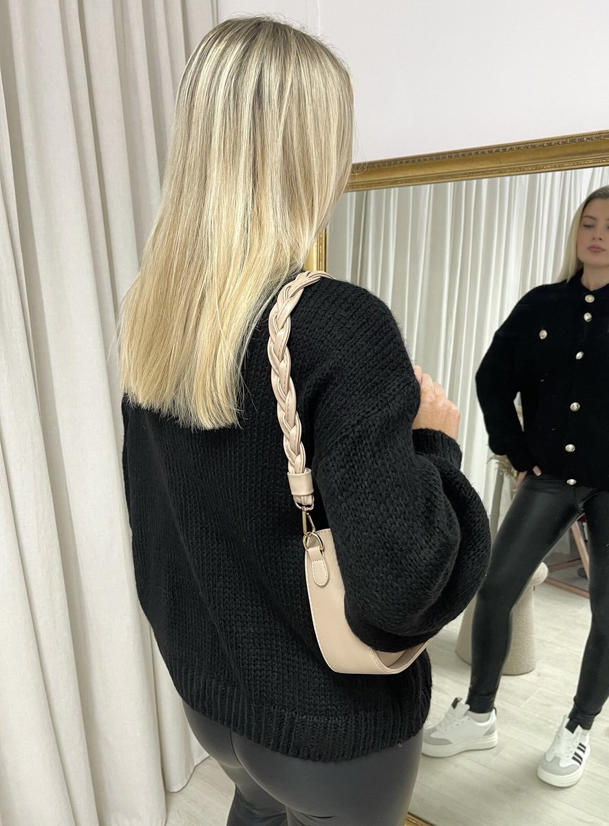 "Oversized black button-down chunky knitted top with a relaxed fit, crafted from premium knit fabric for a cozy and stylish look."