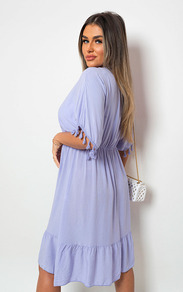 V-Neck Short Sleeve Midi Dress with Tassel Detail