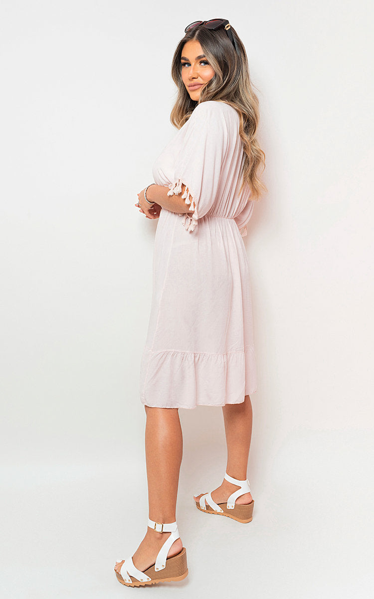 V-Neck Short Sleeve Midi Dress with Tassel Detail