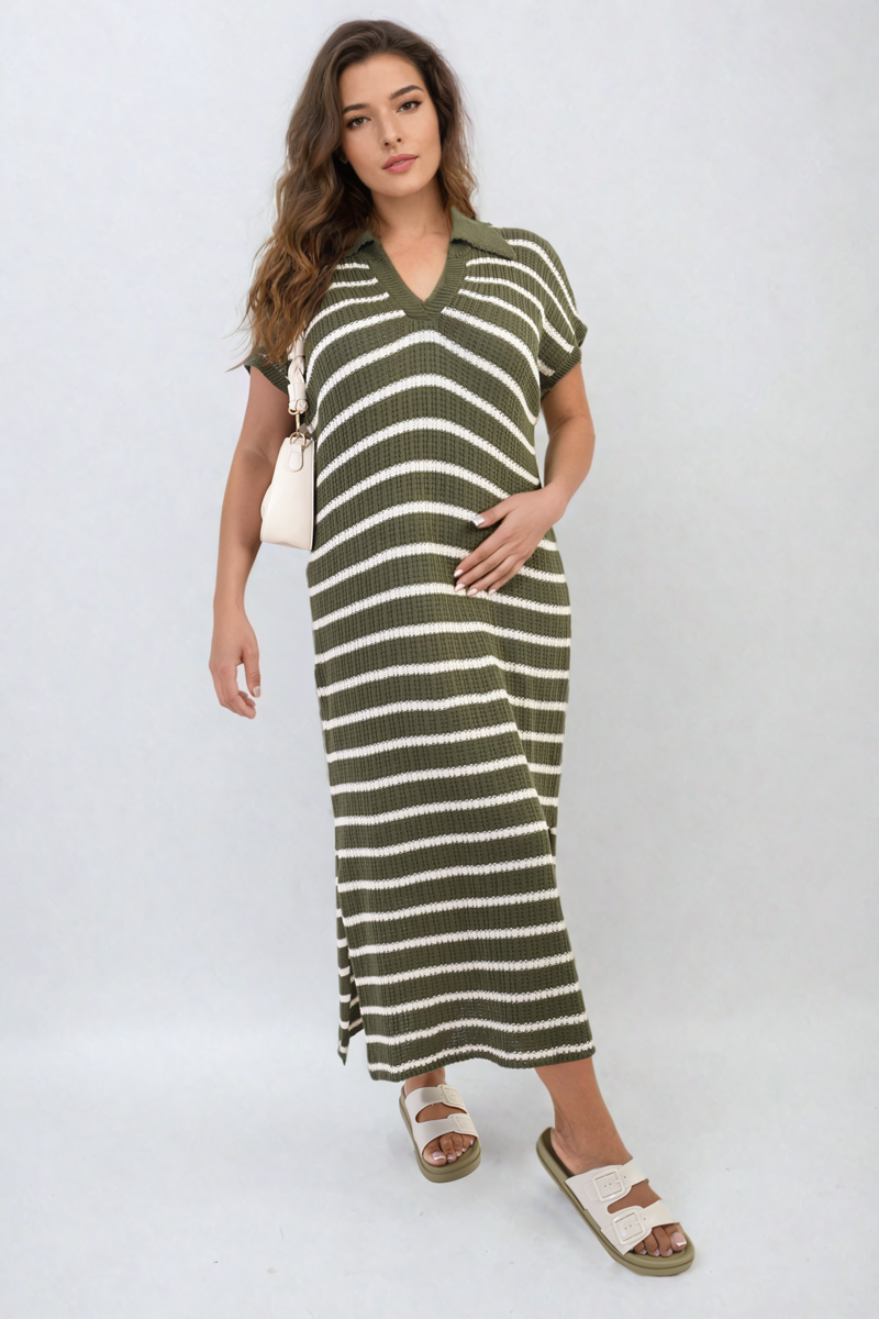 Stripe Knitted V Neck Midi Dress