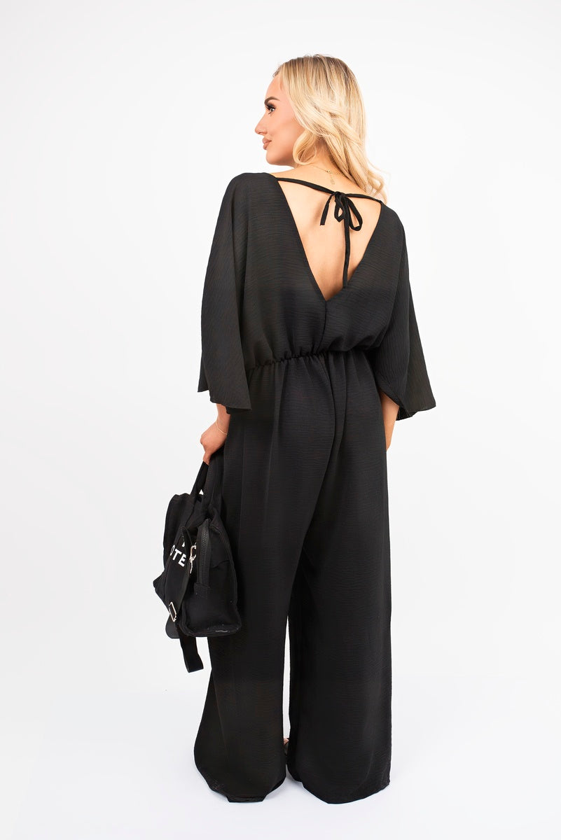 Wide Leg V Neck Jumpsuit with Back Tie Detail