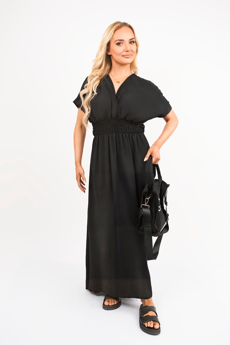 V Neck Short Sleeve Maxi Dress with Shirred Waist