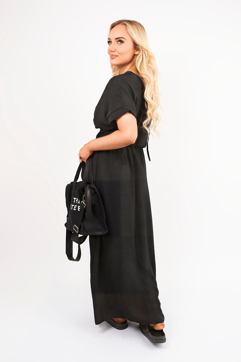 V Neck Short Sleeve Maxi Dress with Shirred Waist