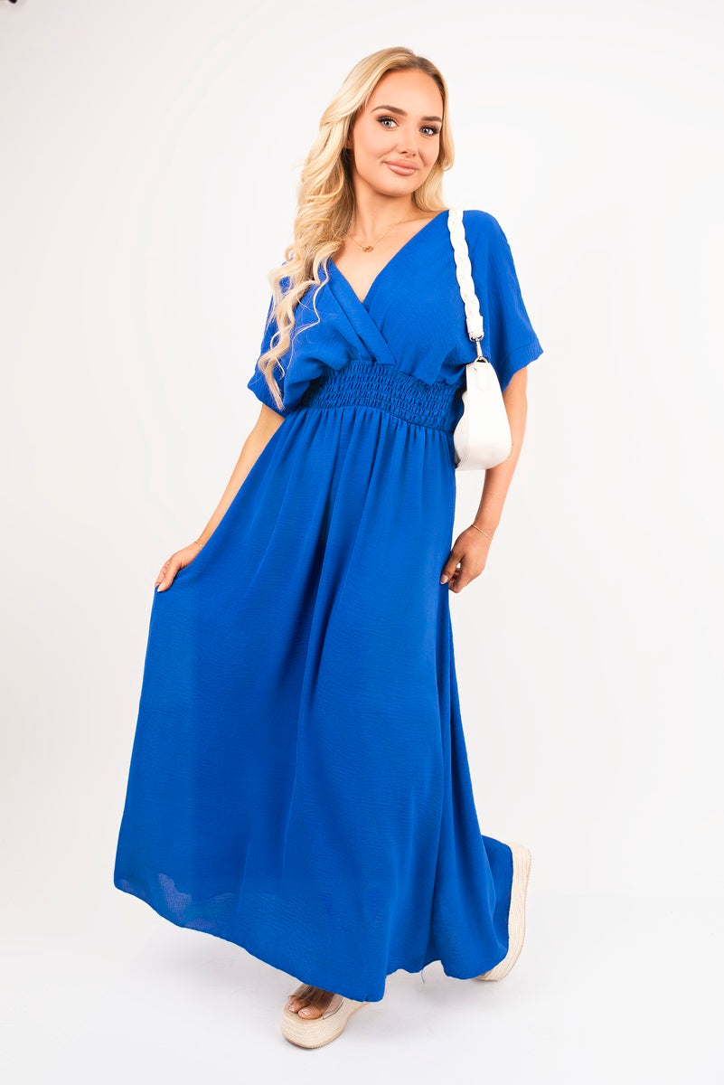 V Neck Short Sleeve Maxi Dress with Shirred Waist