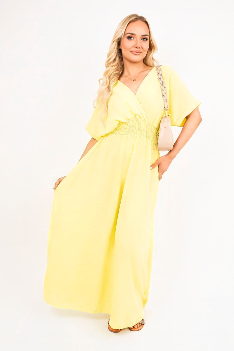 V Neck Short Sleeve Maxi Dress with Shirred Waist