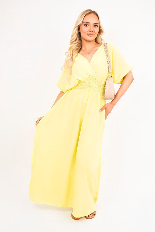 V Neck Short Sleeve Maxi Dress with Shirred Waist