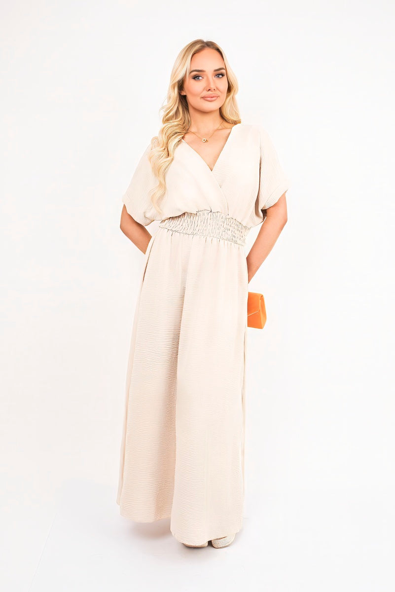 V Neck Short Sleeve Maxi Dress with Shirred Waist