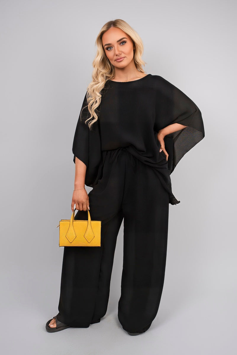 Black batwing top and drawstring wide-leg trousers co-ord set, gathered waist