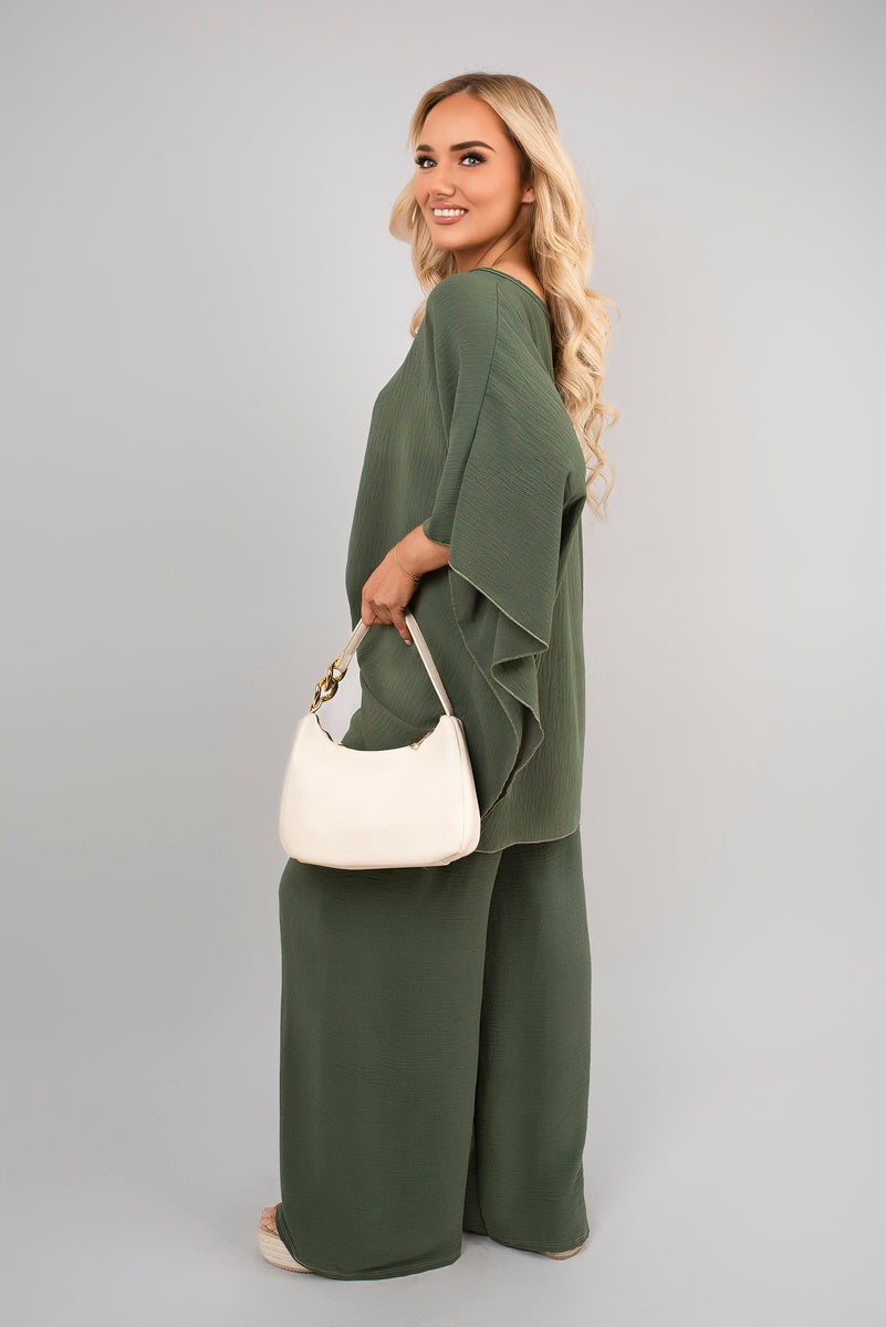 Olive green batwing top and drawstring wide-leg trousers co-ord set, wide leg.
