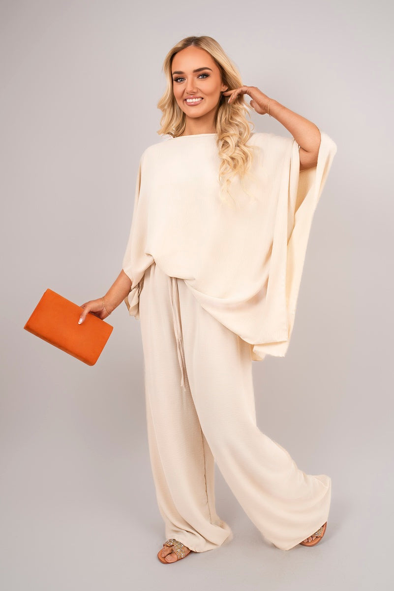 Cream batwing top and wide-leg trousers co-ord set with drawstring waist, loose fit