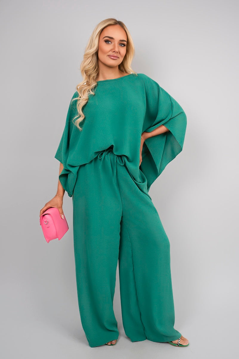 Green batwing top and drawstring wide-leg trousers co-ord set, relaxed wide legs
