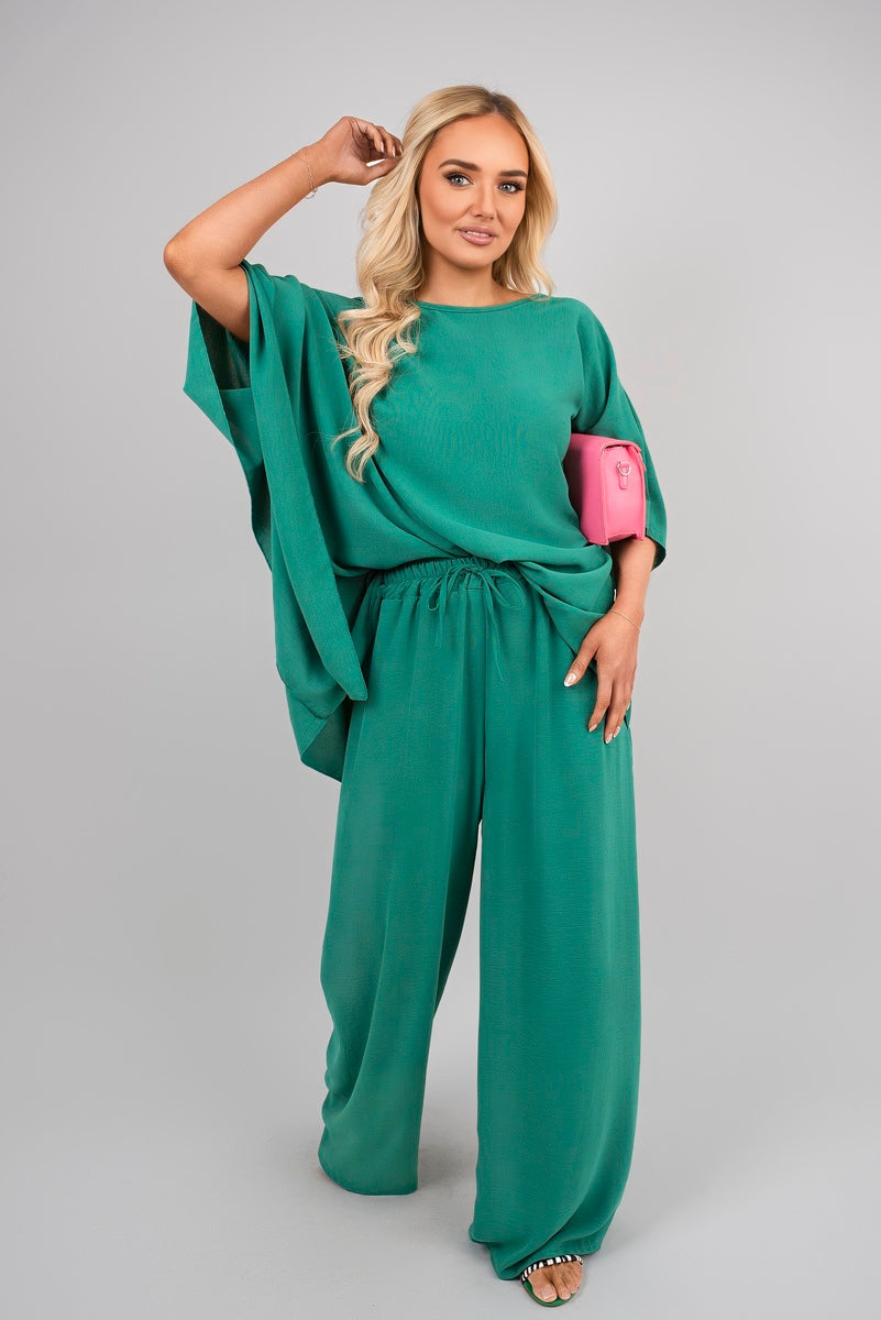 Green batwing top and drawstring wide-leg trousers co-ord set, gathered waist and sleeves