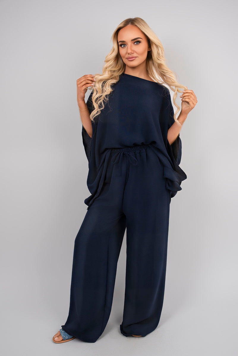 Navy batwing top and drawstring wide-leg trousers co-ord set