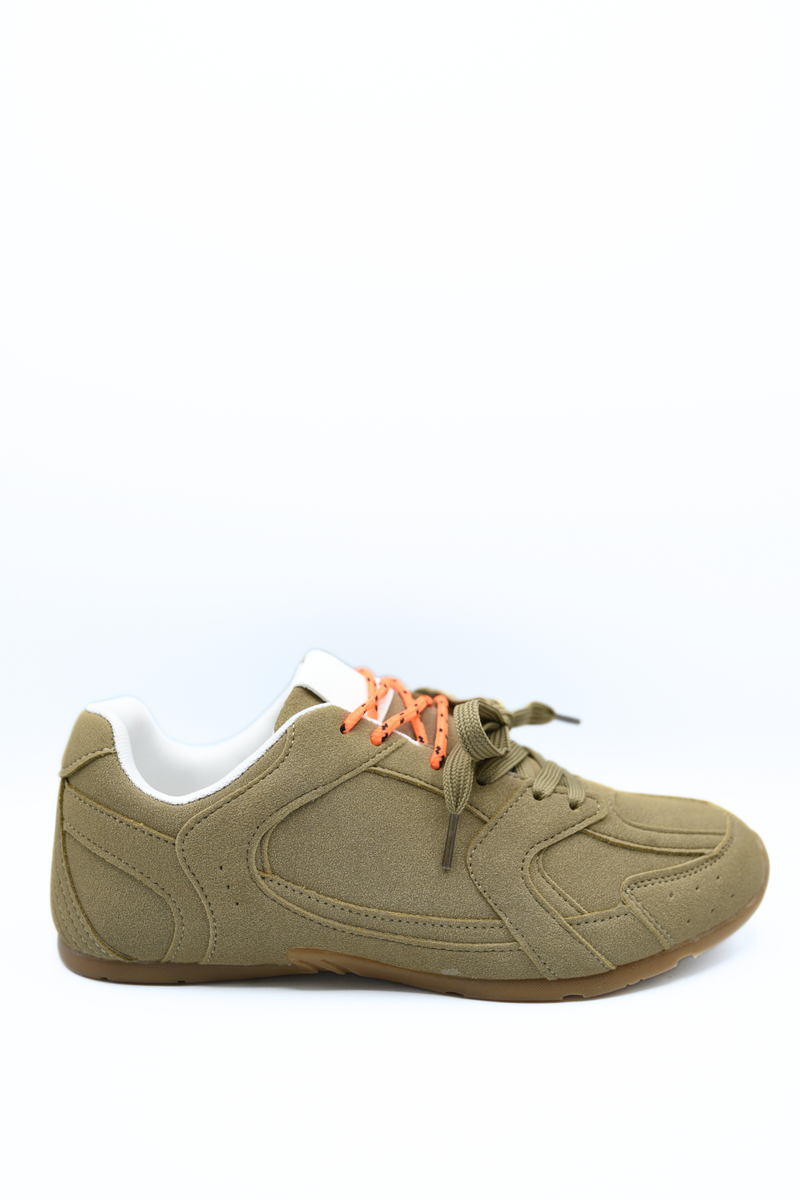Olive lace-up flat trainers with orange laces, side view