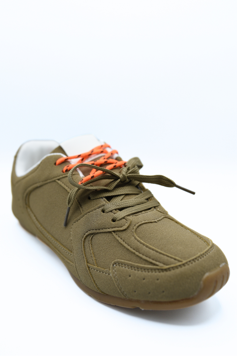 Olive lace-up flat trainers with orange laces and rubber sole