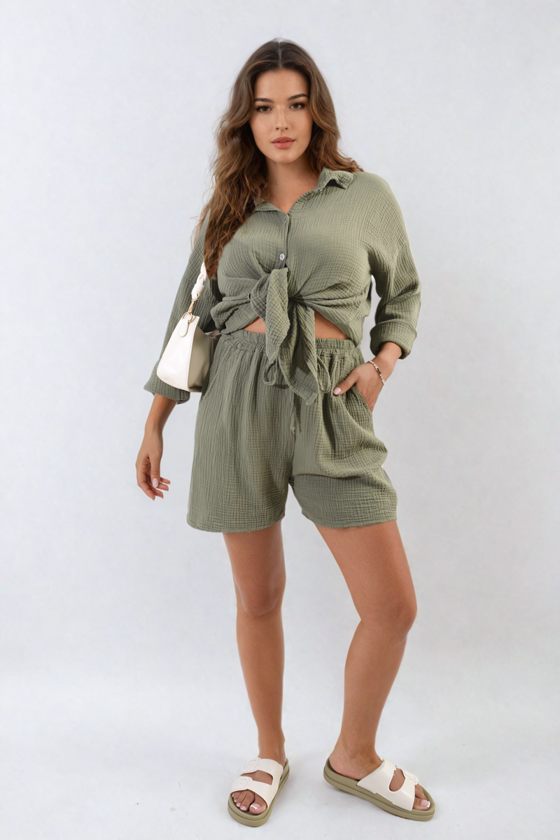 Oversized Button Front Shirt and Shorts Co-ord Set