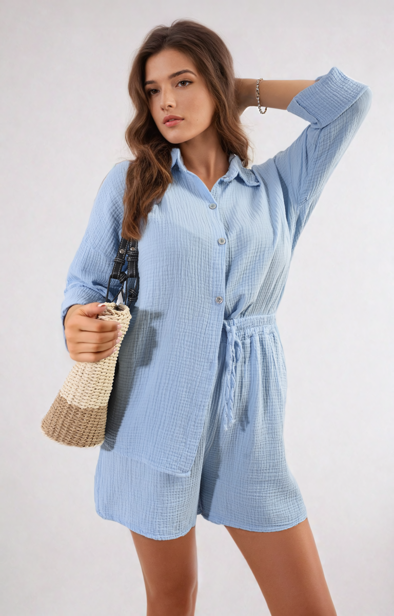 Oversized Button Front Shirt and Shorts Co-ord Set