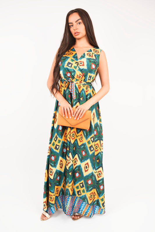 V Neck Sleeveless Maxi Dress with Tie Waist