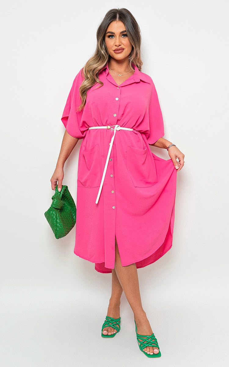 Button Down Collared Midi Dress with Two Front Pockets