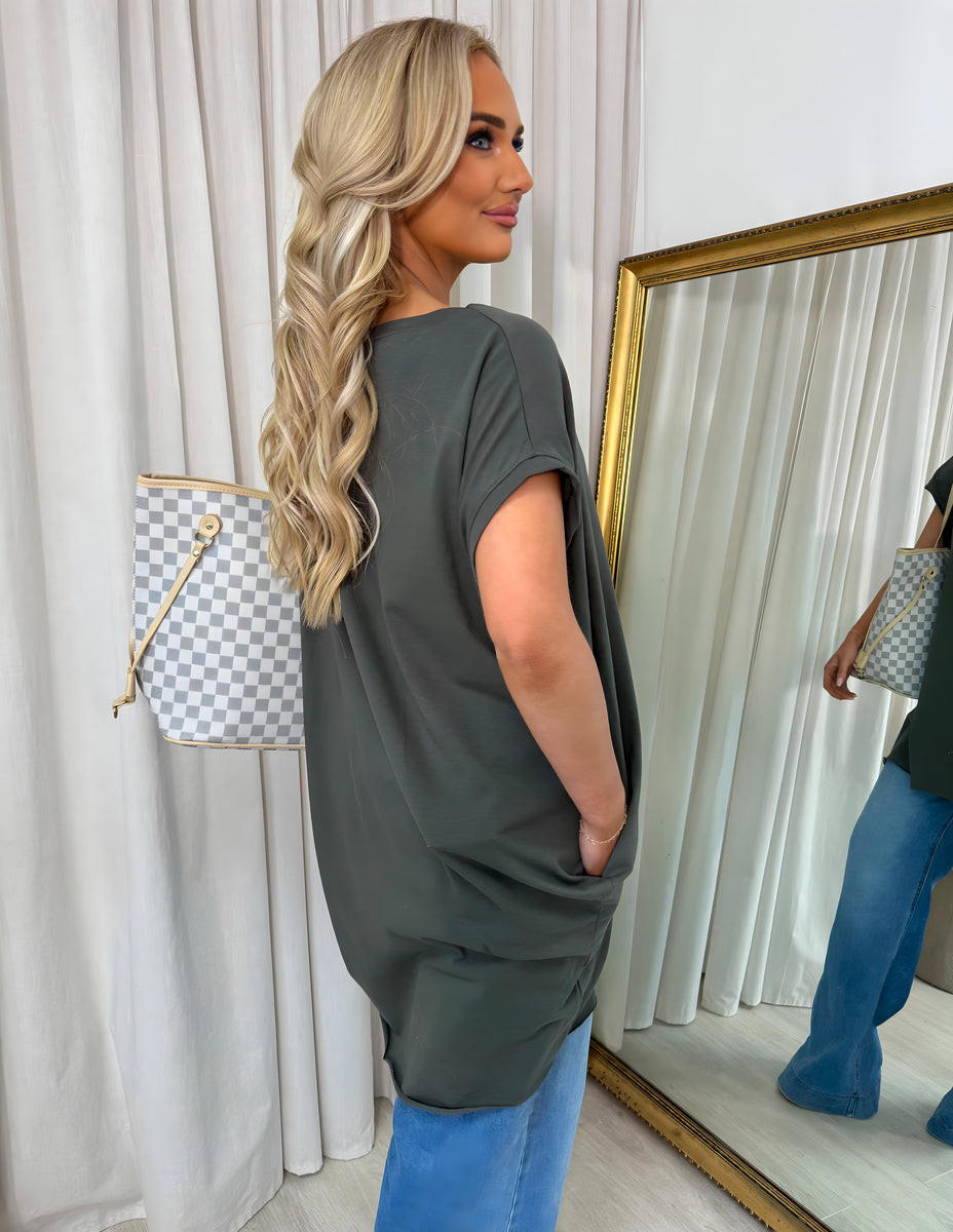 Charcoal gray oversized round-neck top with side pockets, short sleeves