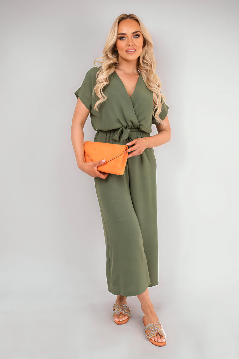 Olive wrap jumpsuit with short sleeves and tie waist, wide cropped pant legs