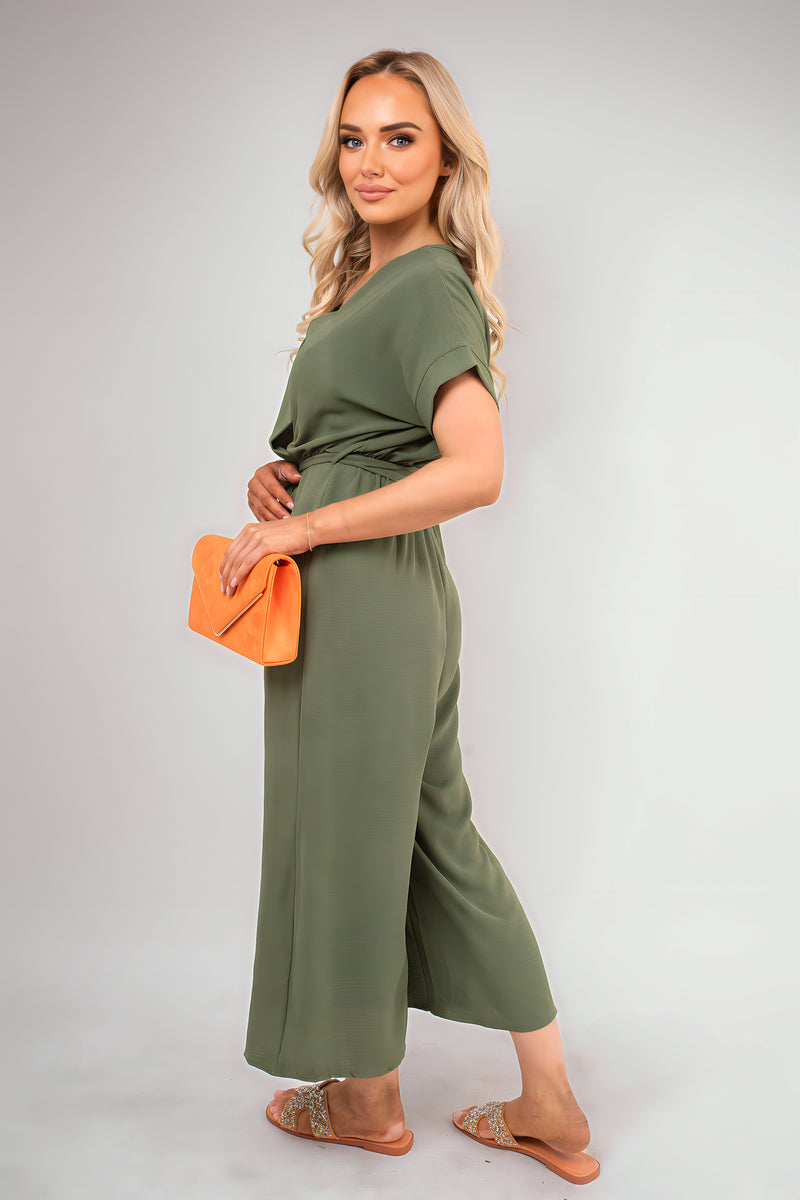 Olive wrap jumpsuit with short sleeves and tie waist, wide-leg wide hem