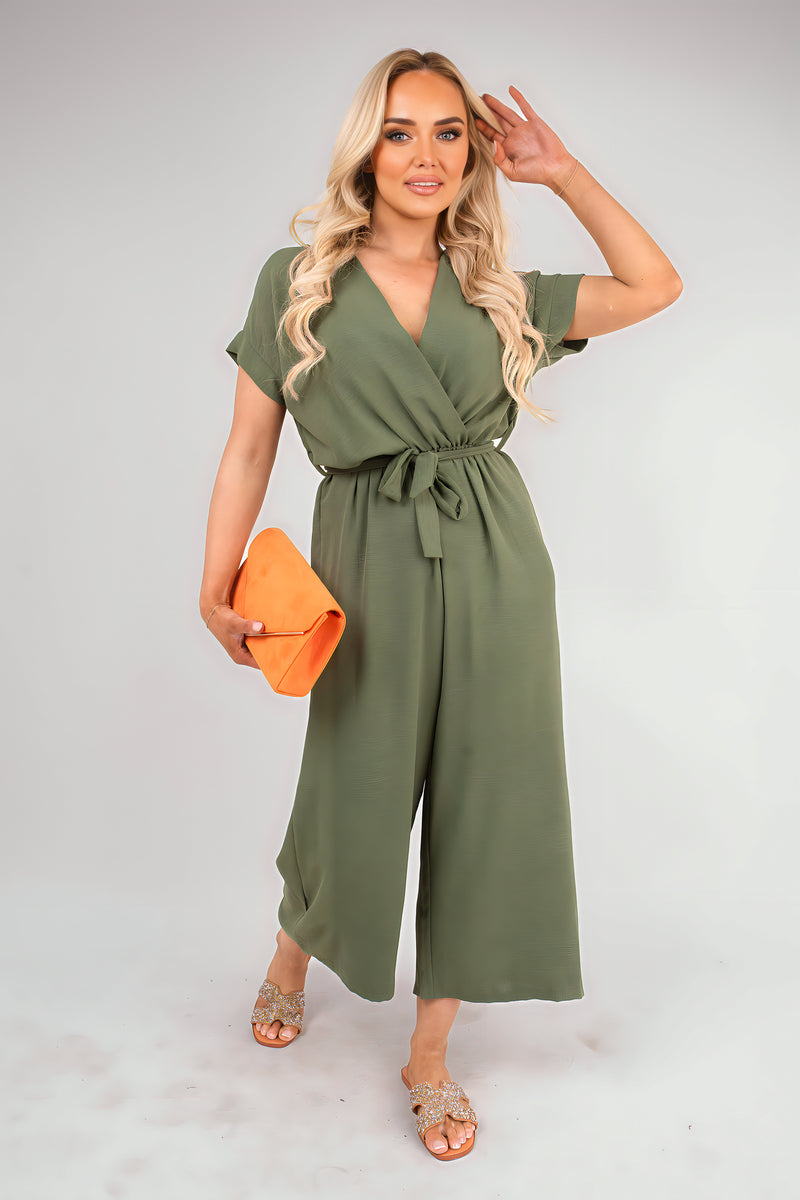 Olive wrap jumpsuit with short sleeves and tie waist, wide-leg fit
